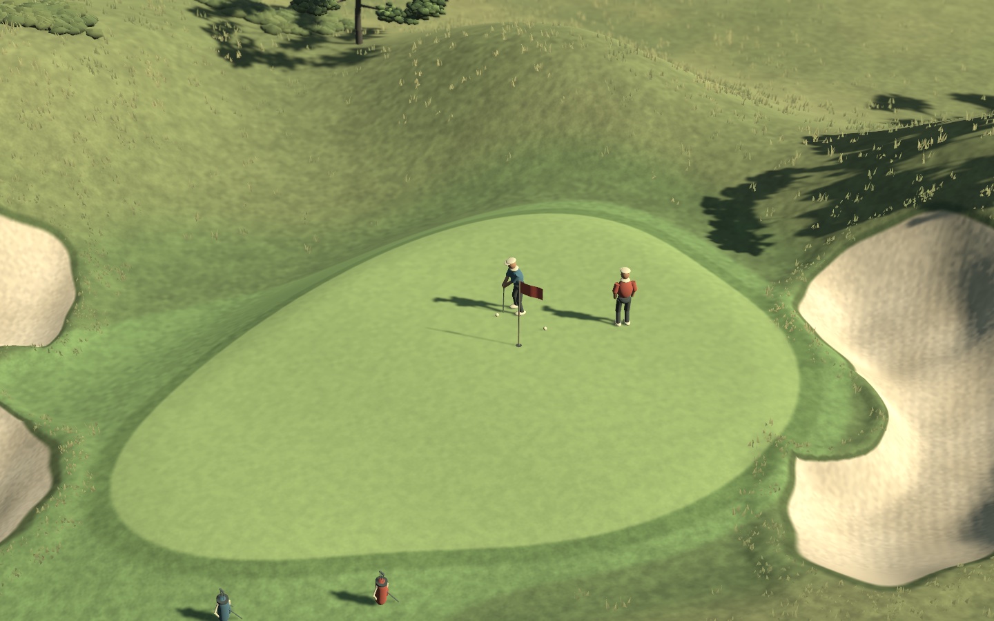 Two golfers and a flag on a putting green edged by sculpted bunkers.